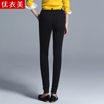 优衣美2015秋装新款针织牛仔休闲裤女小脚高腰长裤24257 黑色 XL