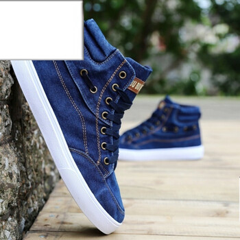 透气高帮男士牛仔帆布鞋韩版潮鞋英伦男款休闲鞋学生板鞋子男 蓝色 41