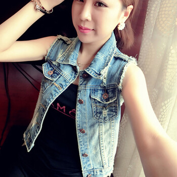 佰琦绣2015新款欧美风做旧牛仔马夹毛边短款牛仔马甲 女 蓝色 XL