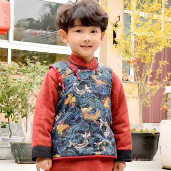 儿童唐装马甲冬中国风过年衣服幼儿园表演礼服拜年服夹棉背心 蓝底