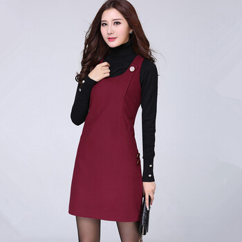 黛萍 2015新款秋季女装连衣裙呢子背心裙 酒红色 XL