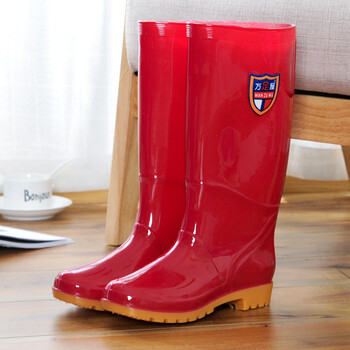 四季女士高筒水鞋加绒保暖防水防滑雨靴水靴时尚冬季雨鞋 屋-红色【单