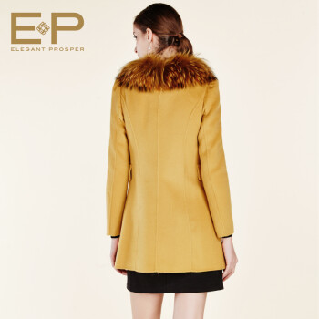 EP雅莹羊呢中长款大衣时尚貉子毛领女装春新款专柜正品 黄色 5/165/92A