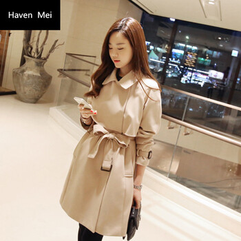 HavenMei秋装新款韩版小清新女装卡其色气质中长款风衣外套F008 卡其色 S