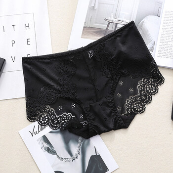 女士性感蕾丝三角裤透明亲肤柔软棉质中腰内裤镂空无痕三角裤 黑色