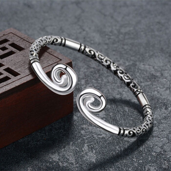 纯银花游记手镯紧箍咒手镯男女宝情侣个性复古大圣手环男 三边银黑色