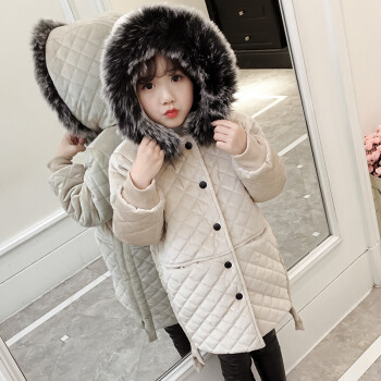 女大童加厚棉袄中长款外套2017新款冬季儿童韩版棉服 米白色 110cm