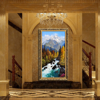 
                                        欧美华手绘油画欧式山水风景别墅客厅玄关过道装饰画招财风水竖版挂画 1号框6厘米 100*150厘米                