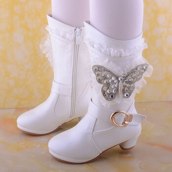 2017皮靴女童高跟靴子 公主鞋 高筒长靴 马丁靴 加棉冬季雪地靴 白色