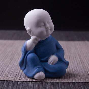 禅意小号小和尚茶宠摆件创意白瓷彩砂陶茶玩可养小沙弥可爱佛 禅思_ 6