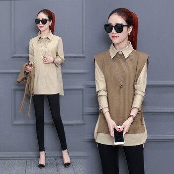 马甲衬衫两件套女春季女装宽松上衣 卡其色 m