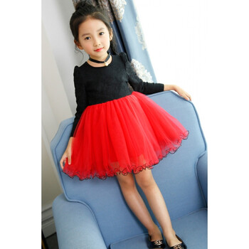 新款女童秋装连衣裙小女孩蕾丝公主裙中大童网纱裙子童装 红色 130码