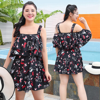 猫莉(ml) 一字肩可爱胖mm 泳衣女保守遮肚温泉装显瘦学生200斤大码小