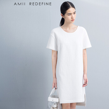 
                                        AMIIREDEFINE2015秋新A型短袖格纹肌理棉质大码连衣裙61571066 荼白 XL                