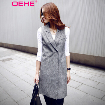 OEHE 2015秋装新款韩版修身上衣女时尚显瘦翻领无袖马甲 灰色 L