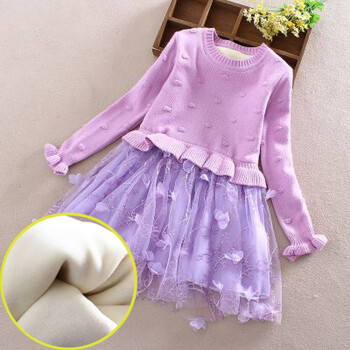 连衣裙女童毛衣裙韩版蕾丝小女孩春秋夏裙子女童公主裙秋冬 米紫色