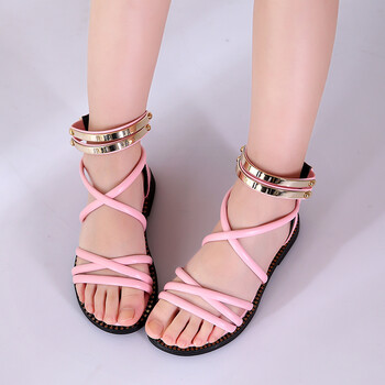 2018夏季新款女童罗马鞋凉鞋韩版公主小女孩露趾拉链中大童童鞋 粉红