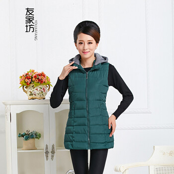 友家坊 中老年女装中长款棉服秋冬季 2015新款马甲厚款无袖连帽拉链妈妈装休闲外套 绿色 4XL 建议体重150到165斤
