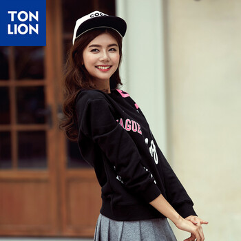 唐狮（TonLion）2015秋  女款情侣款文字印花套头圆领卫衣 女款黑色 L