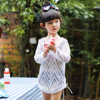 2018新款儿童泳衣女娃宝宝体四件套中大童走秀防晒长袖罩衫. 深蓝色 l