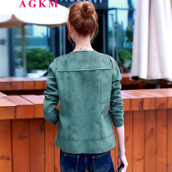 AGKM 2015秋季新款欧美时尚拼接圆领单排扣常规款纯色简约长袖修身淑女名媛优雅短外套潮 墨绿色 L