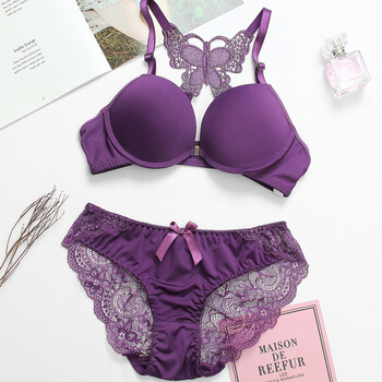 性感少女士美背内衣套装蕾丝调整型胸罩厚小胸聚拢文胸 蝴蝶紫色套装