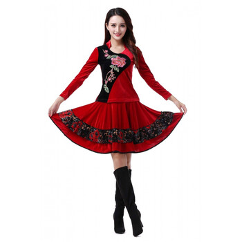 金丝绒舞蹈服连衣裙冬装中老年跳舞衣 f0799 【金牡丹】大红衣 大红印