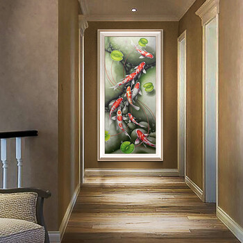 
                                                            油画玄关装饰画九鱼图竖版现代客厅壁画中式风水欧式手绘定制挂画 A款W03A裂纹银 60*120                