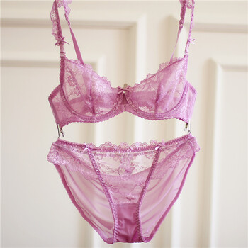 骚透明半杯文胸小胸性感薄款蕾丝诱惑内衣内裤套装少女大码夏 紫粉色