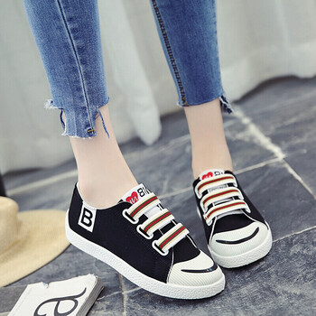 皮若潮帆布鞋女松紧带套脚帆布鞋平底学生韩版白球鞋女英伦小皮鞋女