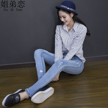 姐弟恋秋装紧身弹力铅笔裤女韩版百搭经典修身磨破破洞水洗抓纹中腰小脚牛仔裤女 蓝色 26