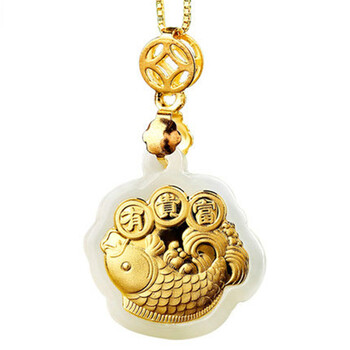 金镶玉和田玉鲤鱼年年有余吊坠玉佩玉石项链宝宝女款