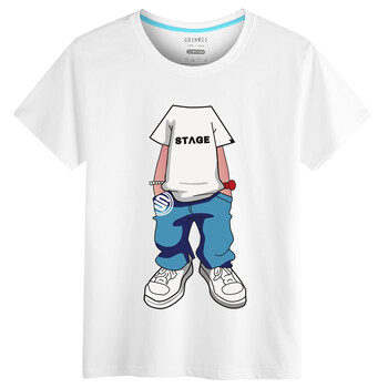 挺龙男士短袖t恤纯棉圆领个性潮流无头人卡通t恤宽松衫 白色 l