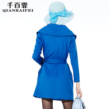 千百霏 秋装韩版风衣女 修身百搭中长款外套 蓝色 L