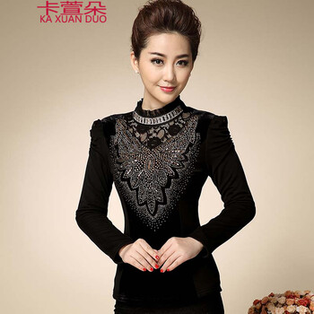 卡萱朵   秋冬加绒加厚网纱T恤 蕾丝高领打底衫 女装小衫#8910 黑色 3XL