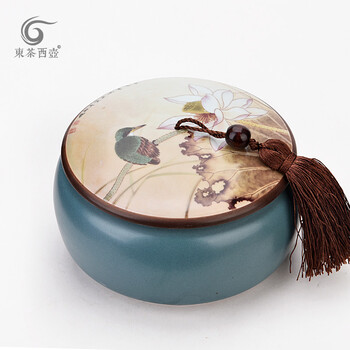 
                                        东茶西壶 茶叶罐陶瓷茶罐便携 功夫茶具配件普洱茶罐储茶缸茶叶包装陶瓷茶叶罐大号 密封大扁罐茶叶罐小号 中号秋实蓝釉扁圆罐(2018新款)                