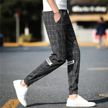 英伦班纳新款透气格子棉麻休闲裤时尚修身微弹磨毛男裤 180格子裤 m