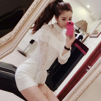 
                                        兰恩丝 性感夜店女装2017春装新款透视蕾丝拼雪纺荷叶边长袖修身蕾丝打底连衣裙398 白色 均码 弹力大                