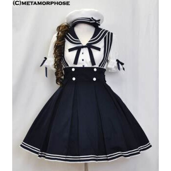 lolita洛丽塔洋装学院海军领短袖衬衫加背带裙两件套 白色上衣 藏青色