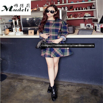 穆得莉（Mudeli） 2015欧美秋装新款韩国英伦复古格子宽松毛呢上衣蓬蓬连衣裙套装 蓝黄格 均码