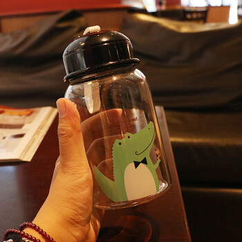 卡通便携玻璃杯矮胖带提绳随手学生水杯带盖防炸杯子 绿色绅士鳄鱼
