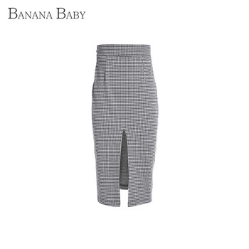 香蕉宝贝bananababy千鸟格高腰开叉包臀裙通勤一步裙D53Q810 黑格 M