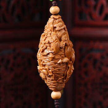 【核雕大师】橄榄核单籽 四花山水挂饰 李越强刻