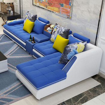 可拆洗简约现代大小户型贵妃转角客厅皮布沙发组合家具 深蓝色(绒布)