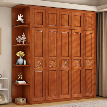 家具 实木衣柜3456门木质衣橱卧室雕花大衣柜 海棠色加边柜【加顶】 3