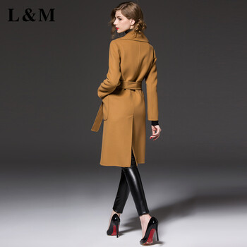 L&M欧洲站冬季新款简约时尚气质中长款羊毛呢大衣风衣外套女冬厚款含腰带F3009 驼色 M
