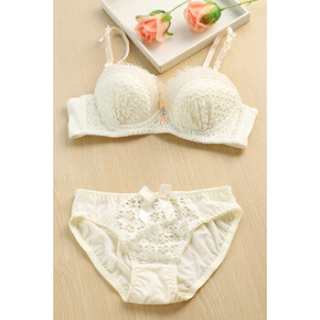 小胸聚拢日系简约复古镂空甜美少女学生性感内衣文胸罩套装 浅米色 75
