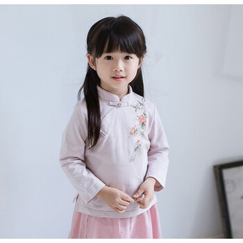 汉服女童儿童中国风春秋季上衣小女孩民族风长袖衬衫宝宝纯棉唐装 浅