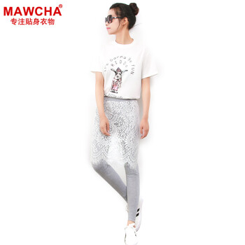 
                                        Mawcha  女士打底裤女裙裤弹力长裤子秋季舒适再生纤维假两件蕾丝显瘦 灰色 均码                