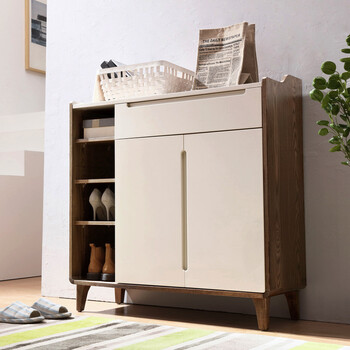 同宿 北欧玄关柜子门厅柜简约鞋柜对开门收纳柜阳台多功能 木纹 杏色